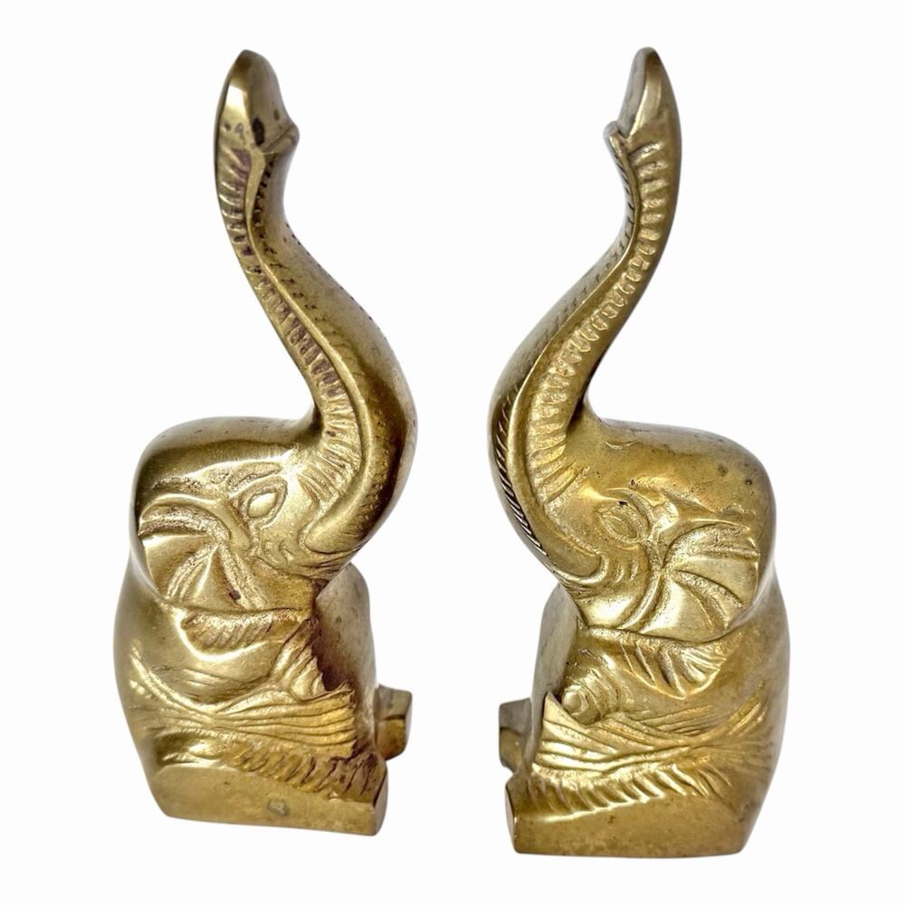 Brass Elephant Bookends Decor Trunk Up Figurines 7 Inches
